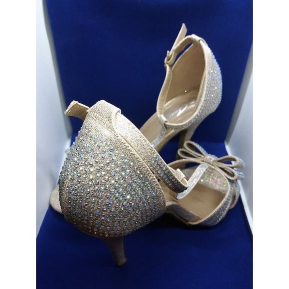 Size 6.5 Wedding Shoes - Color Champagne - 3 Inch Heel - Open Toe Shoes With Bow - Picture 5 of 7